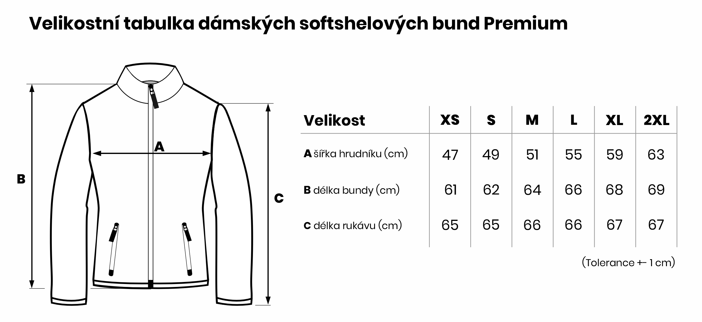 Velikostní tabulka dámských softshelových bund Premium